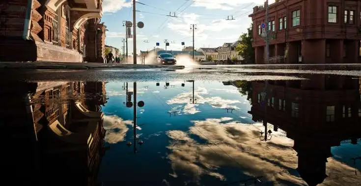 Urban streetscape after a thunderstorm